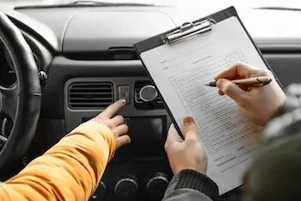 Person drückt Knopf im Auto, während eine andere Person ein Formular auf einem Klemmbrett ausfüllt.